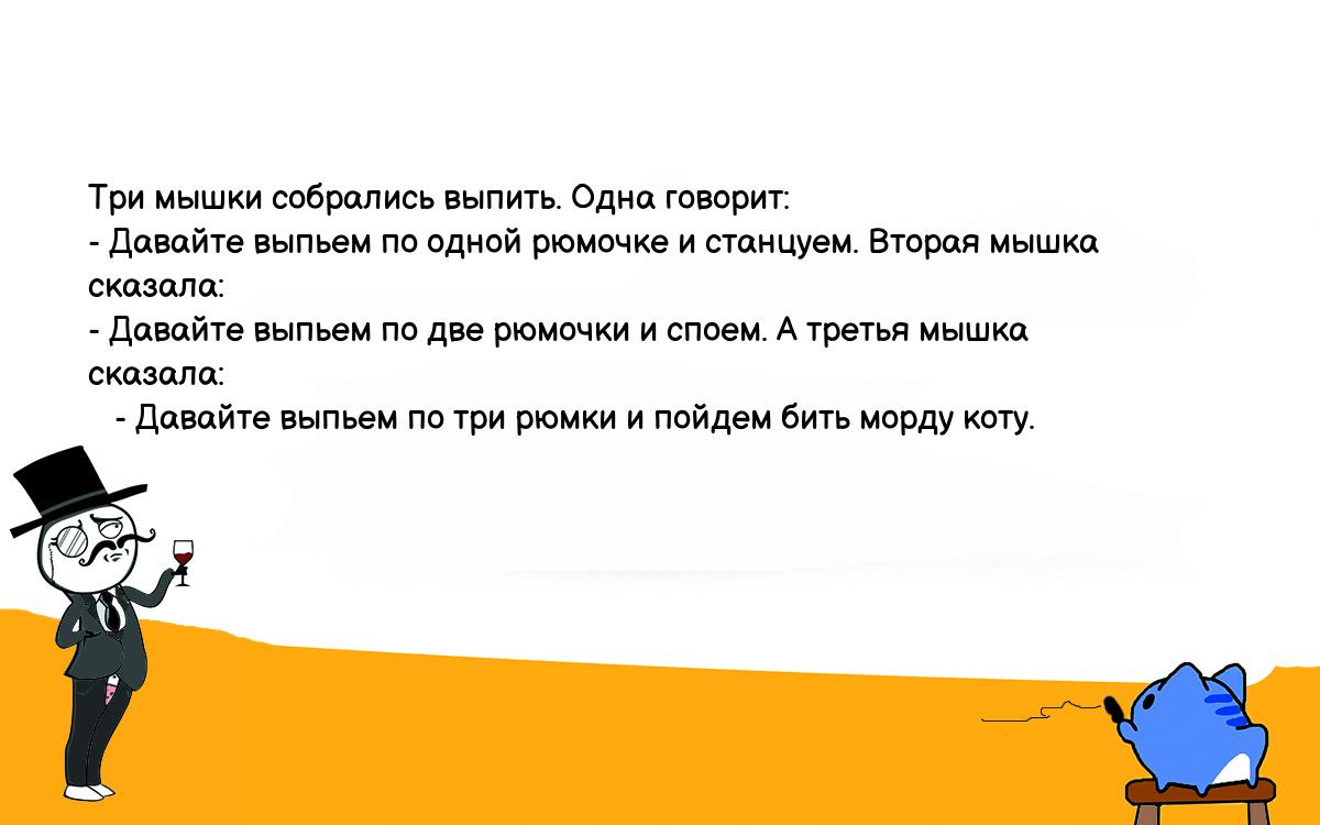 Анекдот. Три мышки собрались выпить. Одна говорит: - Давайте выпьем по  одной рюмочке и станцуем. Вторая мышка сказала: - Давайте выпьем по две  рюмочки и споем. А третья мышка сказала: - Давайте