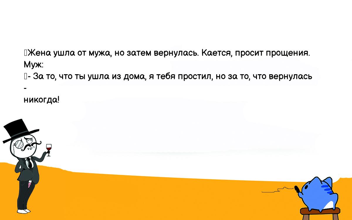 Анекдот. Жена ушла от мужа, но затем вернулась. Кается, просит прощения. Муж:  - За то, что ты ушла из дома, я тебя простил, но за то, что вернулась -  никогда! Шутки, приколы,