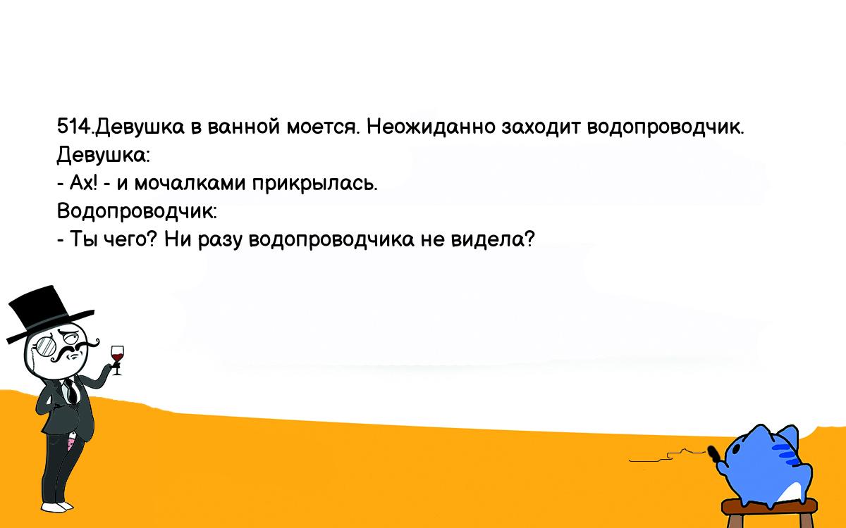 Анекдоты, шутки, приколы. <br />
514.Девушка в ванной моется. Неожиданно заходит водопроводчик. Девушка:<br />
- Ах! - и мочалками прикрылась.<br />
Водопроводчик:<br />
- Ты чего? Ни разу водопроводчика не видела?<br />
