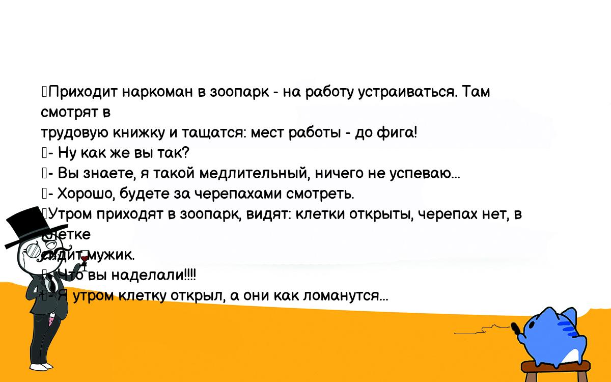 Анекдоты, шутки, приколы. <br />
	Приходит наркоман в зоопарк - на работу устраиваться. Там смотрят в <br />
трудовую книжку и тащатся: мест работы - до фига!<br />
	- Ну как же вы так?<br />
	- Вы знаете, я такой медлительный, ничего не успеваю...<br />
	- Хорошо, будете за черепахами смотреть.<br />
	Утром приходят в зоопарк, видят: клетки открыты, черепах нет, в клетке <br />
сидит мужик.<br />
	- Что вы наделали!!!!<br />
	- Я утром клетку открыл, а они как ломанутся...<br />
