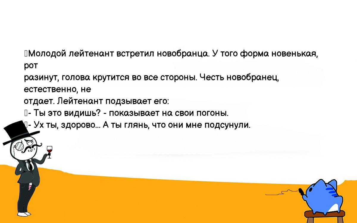 Анекдоты, шутки, приколы. <br />
	Молодой лейтенант встретил новобранца. У того форма новенькая, рот <br />
разинут, голова крутится во все стороны. Честь новобранец, естественно, не <br />
отдает. Лейтенант подзывает его:<br />
	- Ты это видишь? - показывает на свои погоны.<br />
	- Ух ты, здорово... А ты глянь, что они мне подсунули.<br />
