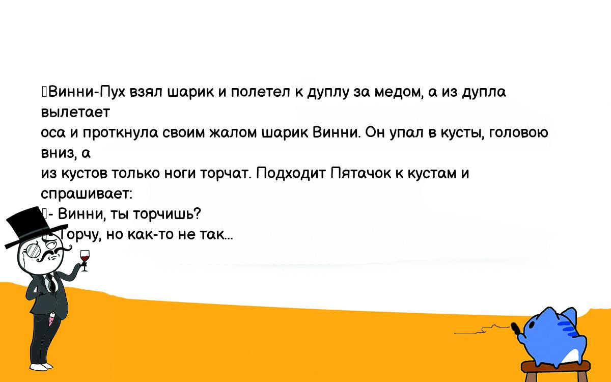 Анекдоты, шутки, приколы. <br />
	Винни-Пух взял шарик и полетел к дуплу за медом, а из дупла вылетает <br />
оса и проткнула своим жалом шарик Винни. Он упал в кусты, головою вниз, а <br />
из кустов только ноги торчат. Подходит Пятачок к кустам и спрашивает:<br />
	- Винни, ты торчишь?<br />
	- Торчу, но как-то не так...<br />
